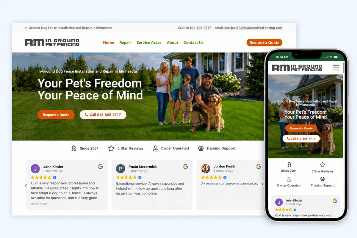A&M In Ground Pet Fence website design shown on desktop and mobile screens