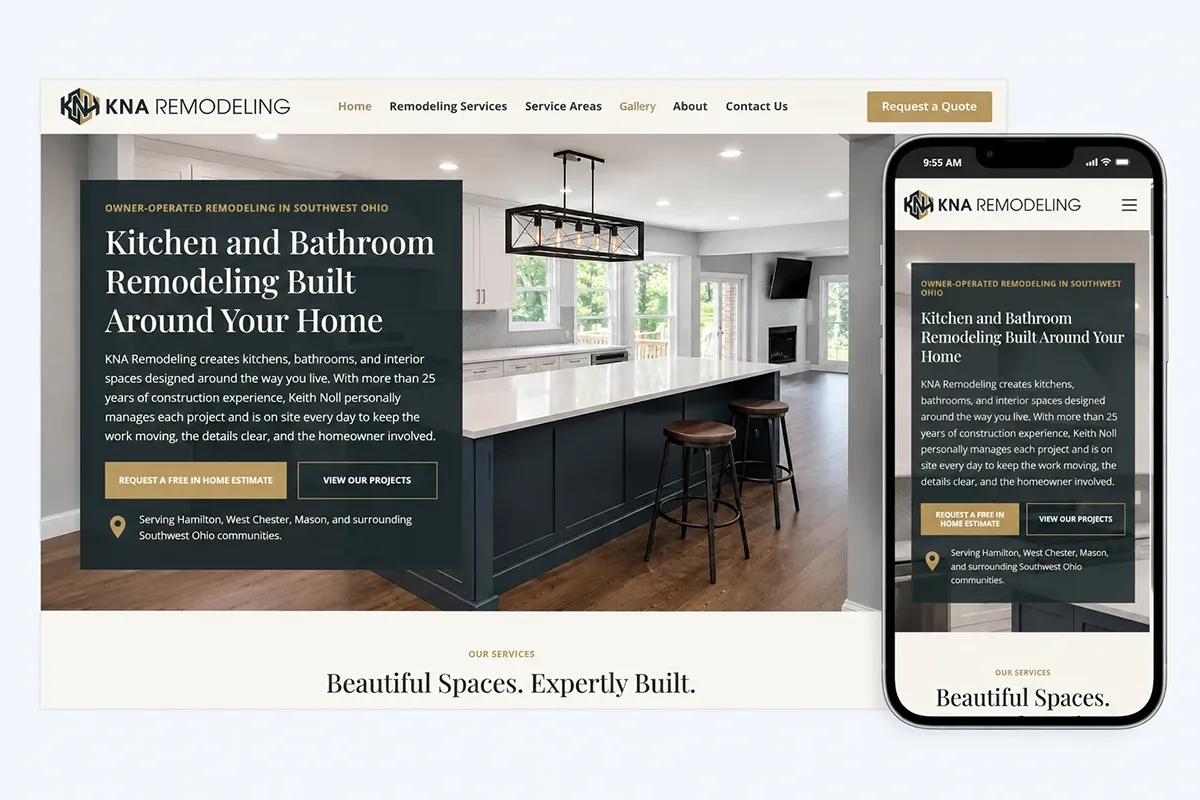 KNA Remodeling website design shown on desktop and mobile screens